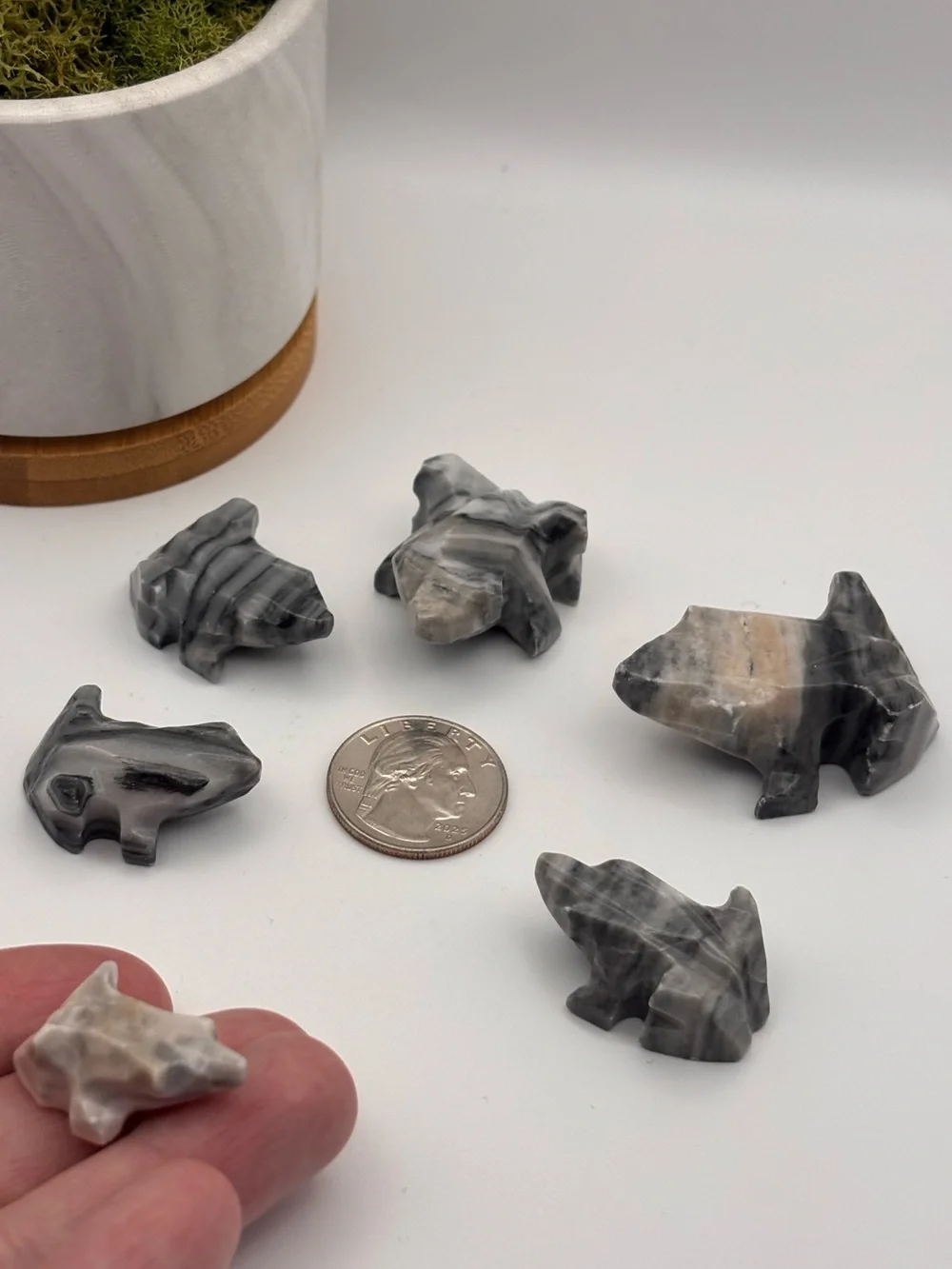 Set of 6 Hand-Carved Stone Frog Miniature Figurines, Set of Marble Trinkets